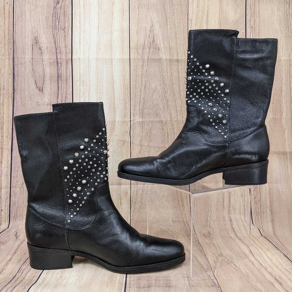 SCHUTZ Aliria Studded Moto Boots Sz 6 Black Leather Silver Hardware Buck… - Picture 6 of 9